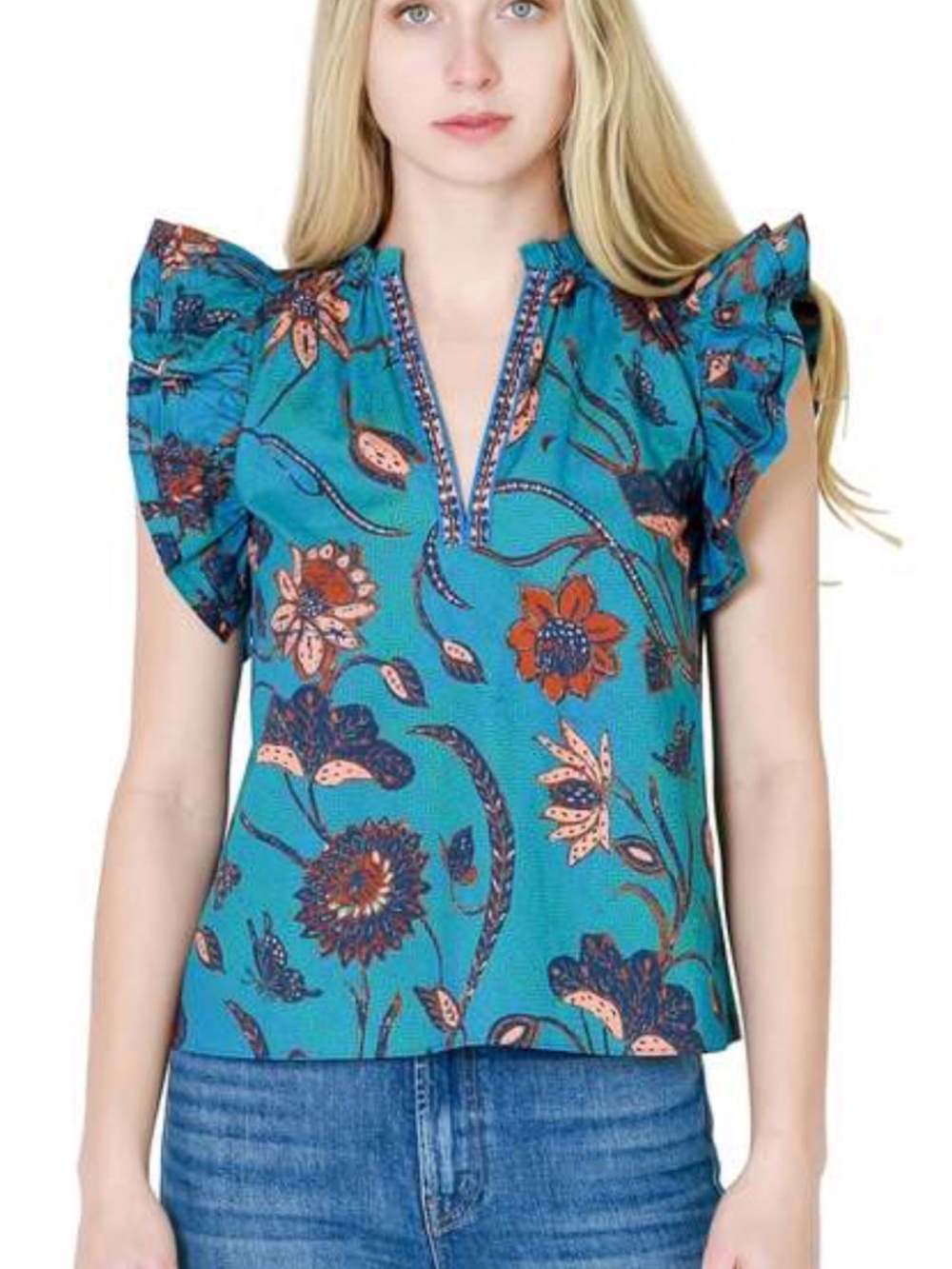 Ulla Johnson Size 4 • Elena Blue Ruffle Sleeve Top Blouse.